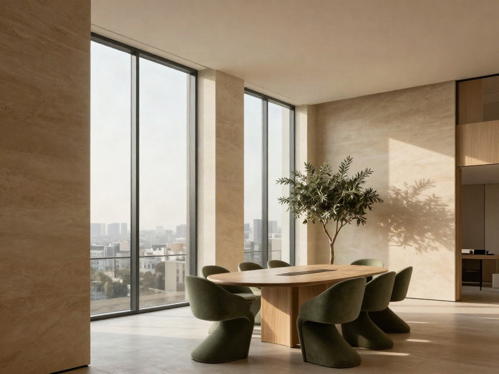 Sunlit contemporary boardroom with an oak meeting table and olive-green chairs
